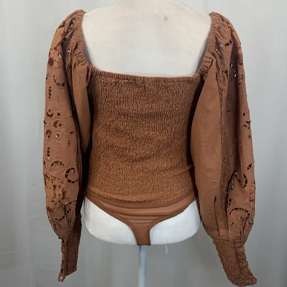 Free People Intimately Regina Brown Eyelet Bodysuit- NWOT